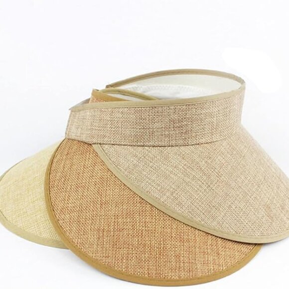 Beige Solid Straw Visor Hat OS New - Picture 4 of 5